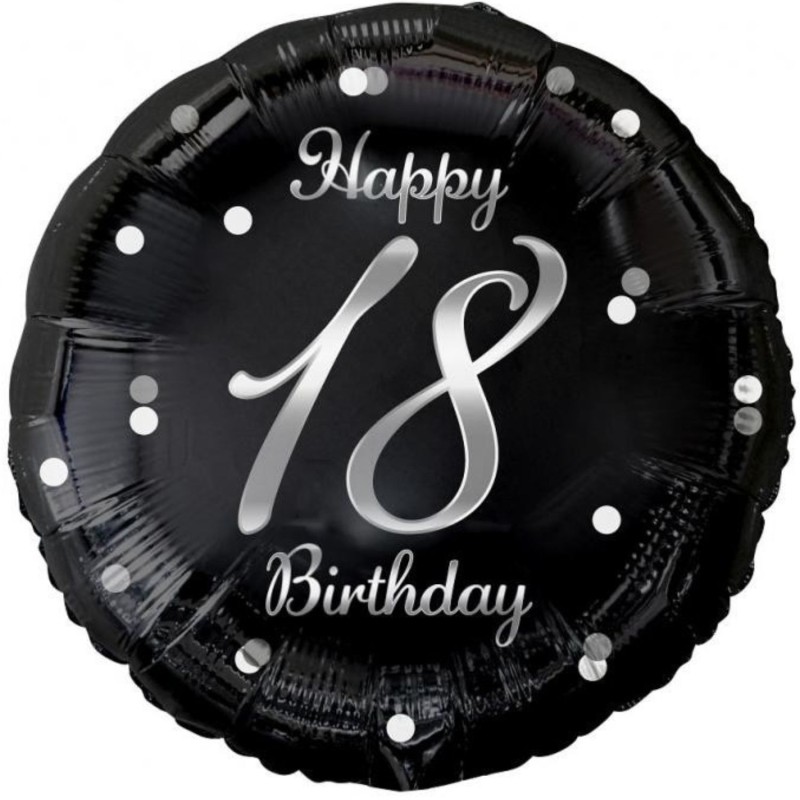 Foliowy Balony czarny z napis. "Happy 18 Birthday" nadruk srebrny. 18" - 46 cm / 1 szt.