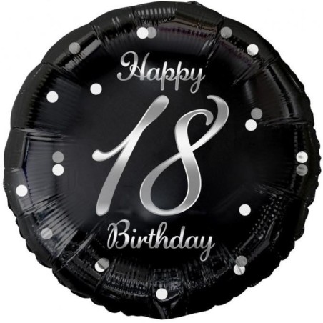Foliowy Balony czarny z napis. "Happy 18 Birthday" nadruk srebrny. 18" - 46 cm / 1 szt.