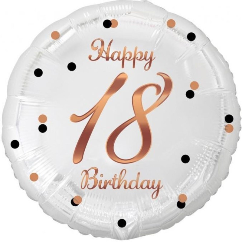 Foliowy Balony biały z napis. "Happy 18 Birthday" nadruk różowo-złoty. 18" - 46 cm / 1 szt.