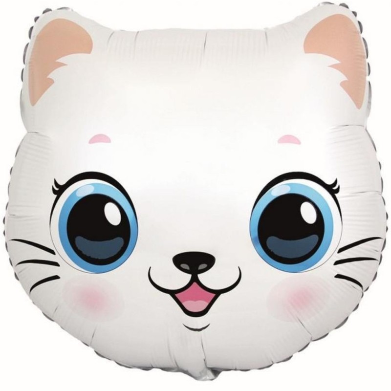 Foliowe Balony białe w kształcie głowy kotka. 24" - 61 cm / 1 szt.(pakowany)