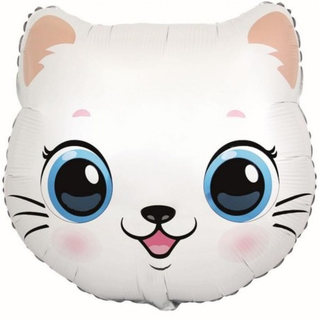 Foliowe Balony białe w kształcie głowy kotka. 24" - 61 cm / 1 szt.(pakowany)