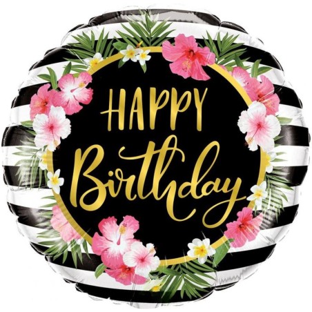 Foliowe Balony kolorowe z napis. "Happy Birthday" (Kwiaty). 18" - 46 cm / 1 szt.