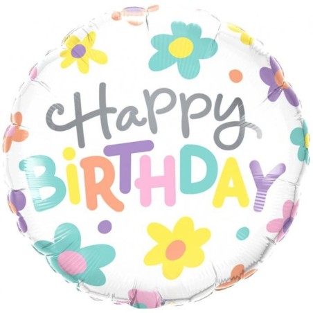 Foliowe Balony kolorowe z napis. "Happy Birthday" (Kwiaty). 18" - 46 cm / 1 szt.