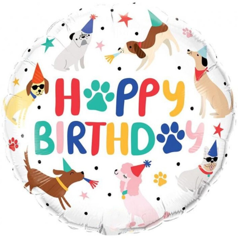 Foliowe Balony kolorowe z napis. "Happy Birthday" (Party Puppies). 18" - 46 cm / 1 szt.