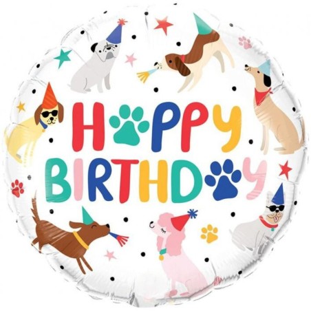 Foliowe Balony kolorowe z napis. "Happy Birthday" (Party Puppies). 18" - 46 cm / 1 szt.