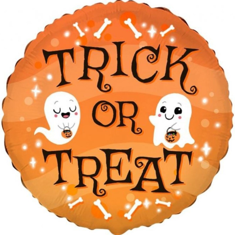 Foliowe Balony pomarańczowe z napis. "Trick or treat". 18" - 46 cm / 1 szt.