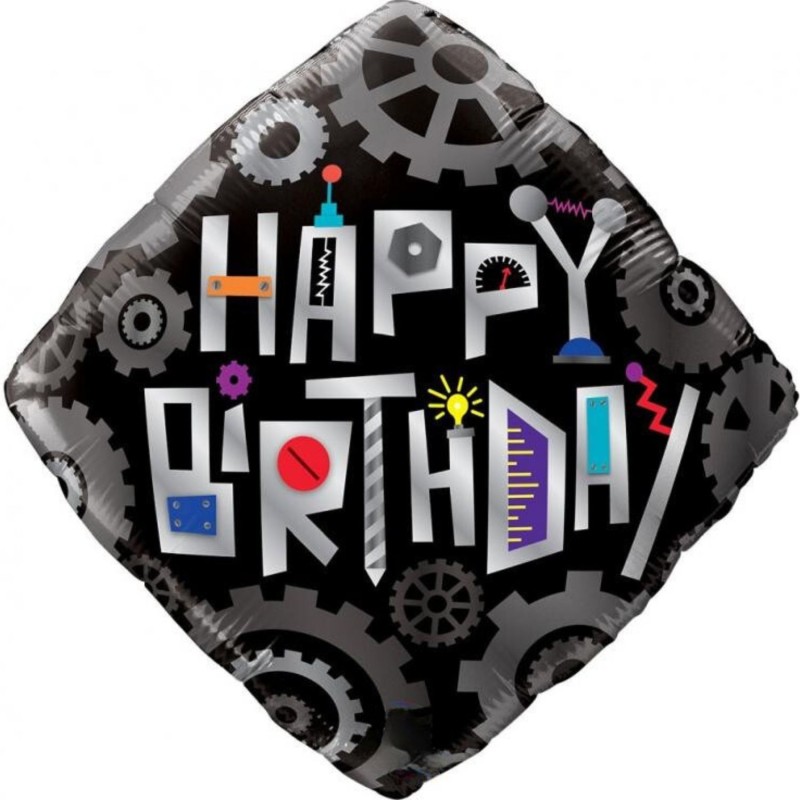 Foliowe Balony kolorowe z napis. "Happy Birthday" (Cogwheels). 18" - 46 cm / 1 szt.