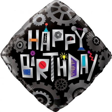 Foliowe Balony kolorowe z napis. "Happy Birthday" (Cogwheels). 18" - 46 cm / 1 szt.