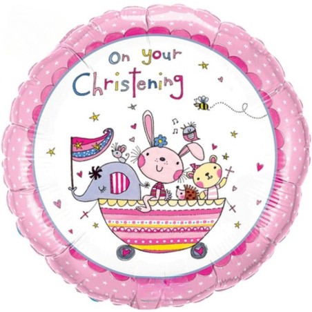 Foliowe Balony różowe z napis. "On Your Christening". 18" - 46 cm / 1 szt.