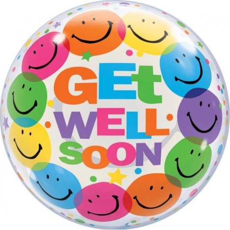 Foliowe Balony kolorowe z napis. "Get Well Soon" (Smile Faces). 22" - 56 cm / 1 szt.