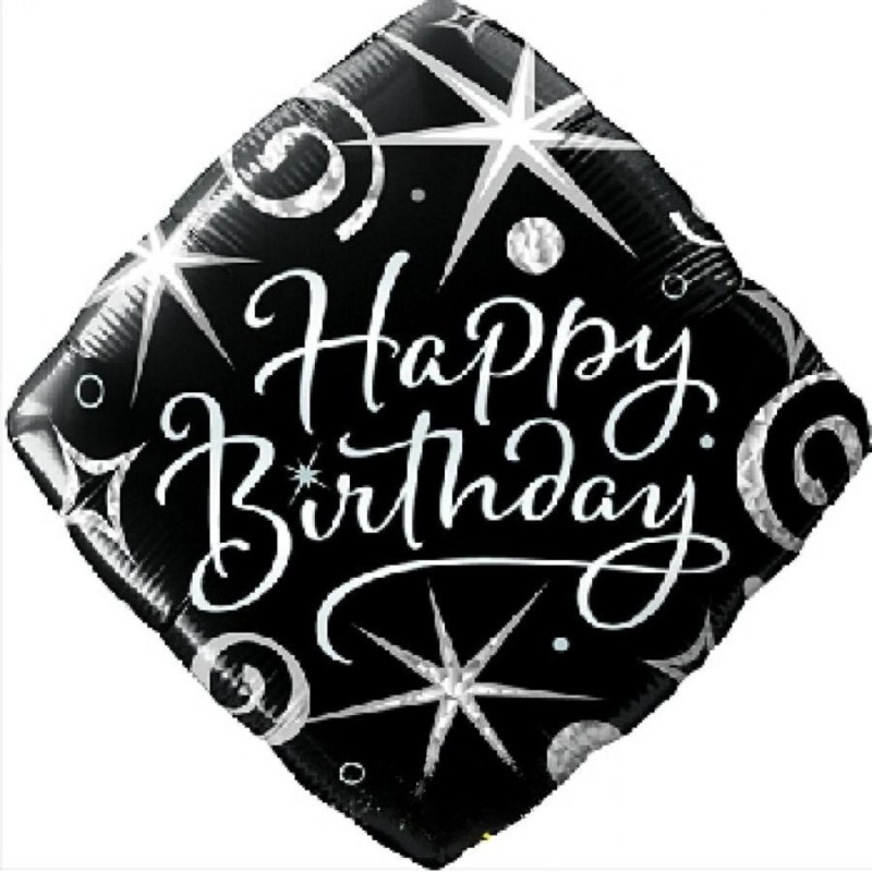 Foliowe Balony czarno-biały z napis. "Happy Birthday" (kwadratowy). 18" - 46 cm / 1 szt.