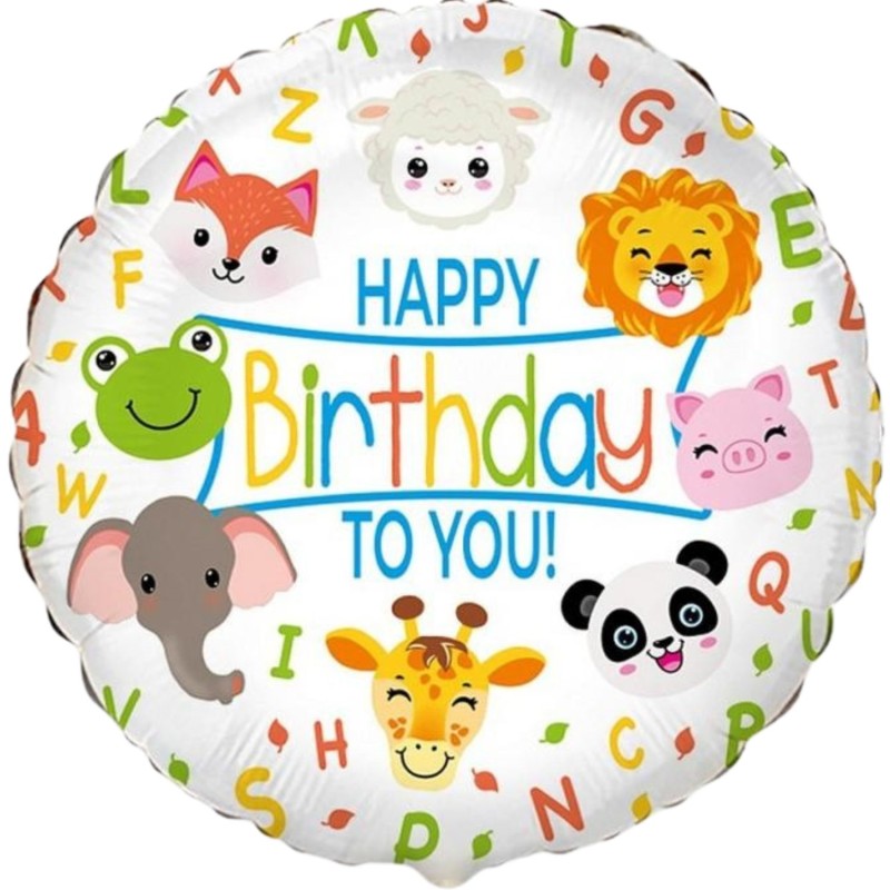 Foliowe Balony kolorowe z napis. "Happy Birthday" (zwierzątka). 18" - 46 cm / 1 szt.(pakowany)