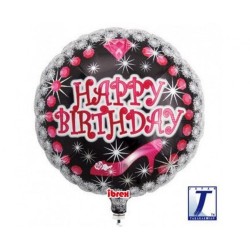 Foliowy Balony czarno-różowy z napis. "Happy Birthday"(Okrągłe). 14" - 35 cm / 1 szt.