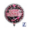 Foliowy Balony czarno-różowy z napis. "Happy Birthday"(Okrągłe). 14" - 35 cm / 1 szt.