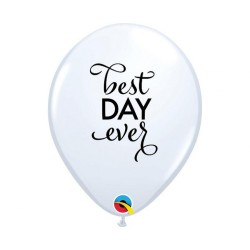 Lateksowe białe balony z nadrukiem Best day ever, 11" - 28 cm. 25 szt.