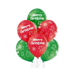 Lateksowe czerwone i zielone Balony D11 Merry Christmas 12"- 30 cm. 6 szt.