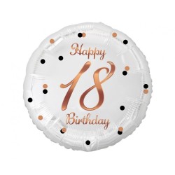 Foliowy Balony biały z napis. "Happy 18 Birthday" nadruk różowo-złoty. 18" - 46 cm / 1 szt.