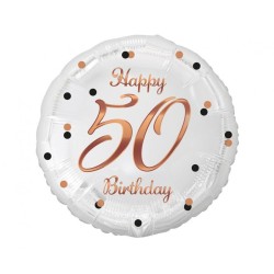 Foliowy Balony biały z napis. "Happy 50 Birthday" nadruk różowo-złoty. 18" - 46 cm / 1 szt.