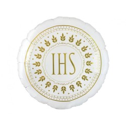 Biały okrągły Balon foliowy IHS, okrągły 18" Pierwsza Komunia Św, 1 szt.