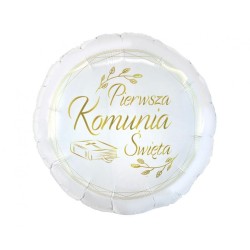 Biały Balon foliowy Pierwsza Komunia Święta (biblia), okrągły 18" 1 szt.