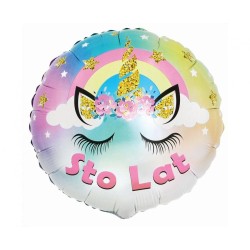 Foliowy Balony kolorowy z napis. "Sto Lat"(Jednorożec). 18" - 46 cm / 1 szt.