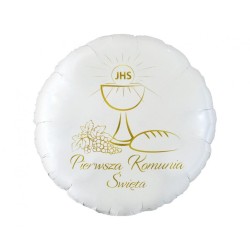 Foliowe Balony biało-złoty z napis. "Pierwsza Komunia Święta". 18" - 46 cm / 1 szt.