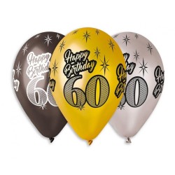 Lateksowe Balony kolorowe z napis. "Happy Birthday 60" metalik. 12" - 30 cm / 6 szt.
