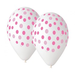 Lateksowe klasyczne białe Balony Premium Różowe Groszki, 12 cali/ 5 szt.