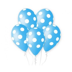 Lateksowe klasyczne Balony Premium Grochy, błękitne, 12"/ 5 szt.