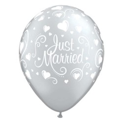 Lateksowe Balony srebrny z napis. "Just Married" (Serca) metalik 11" - 28 cm / 25 szt.