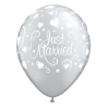 Lateksowe Balony srebrny z napis. "Just Married" (Serca) metalik 11" - 28 cm / 25 szt.