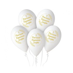 Lateksowe Balony białe z napisem "Pierwsza Komunia Św.". 13"- 32 cm / 5 szt.