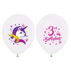 Lateksowe białe Balony 3 Urodziny (jednorożce), 12"- 30 cm./ 5 szt.