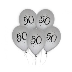 Lateksowe Balony 50 - urodziny, srebrne, 12" - 30 cm./ 5 szt.
