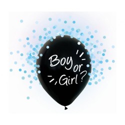 Lateksowe Balony czarny z napis. "Boy Or Girl" niebieskie konfetti. 12" - 30 cm / 4 szt.