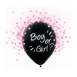 Lateksowe Balony czarny z napis. "Boy Or Girl" różowe konfetti. 12" - 30 cm / 4 szt.