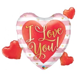 Wielokolorwy w kształcie serca Balon foliowy 37" QL SHP "I Love You" serca, różowo-białe paski