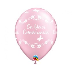 Lateksowe Balony różowy metalik  z napis. "On Your Communion" 11" - 28 cm / 25 szt.