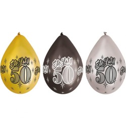 Lateksowe Balony kolorowe z napis. "Sto Lat 50" metalik. 12" - 30 cm / 6 szt.(wiszące)