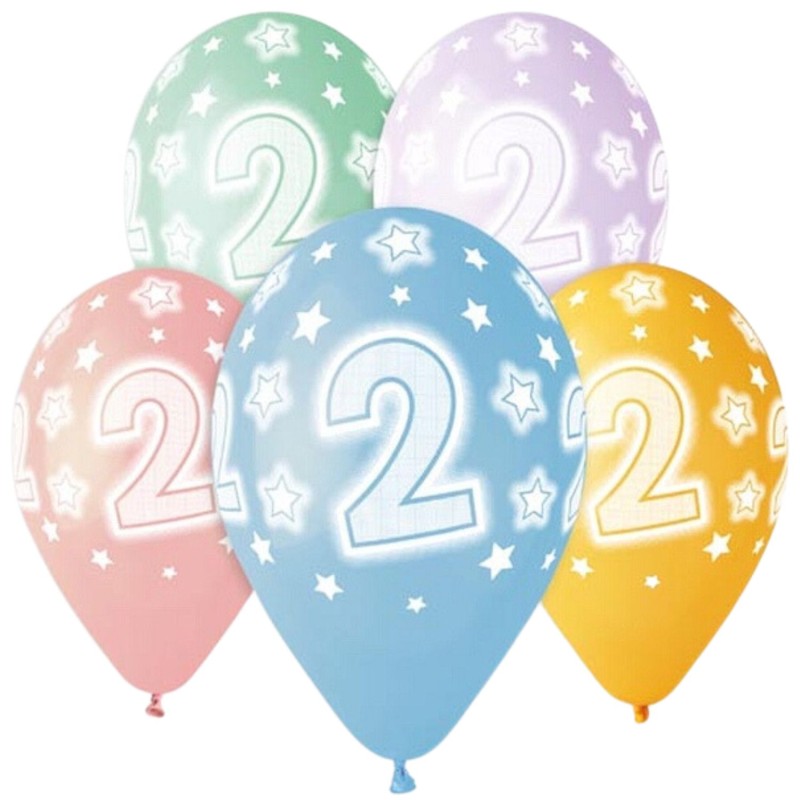 Lateksowe kolorowe balony urodzinowe cyfra 2 , 13" - 30 cm.  5 szt.