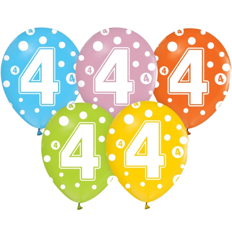 Lateksowe kolorowe balony urodzinowe cyfra 4 , 13" - 30 cm.  5 szt.