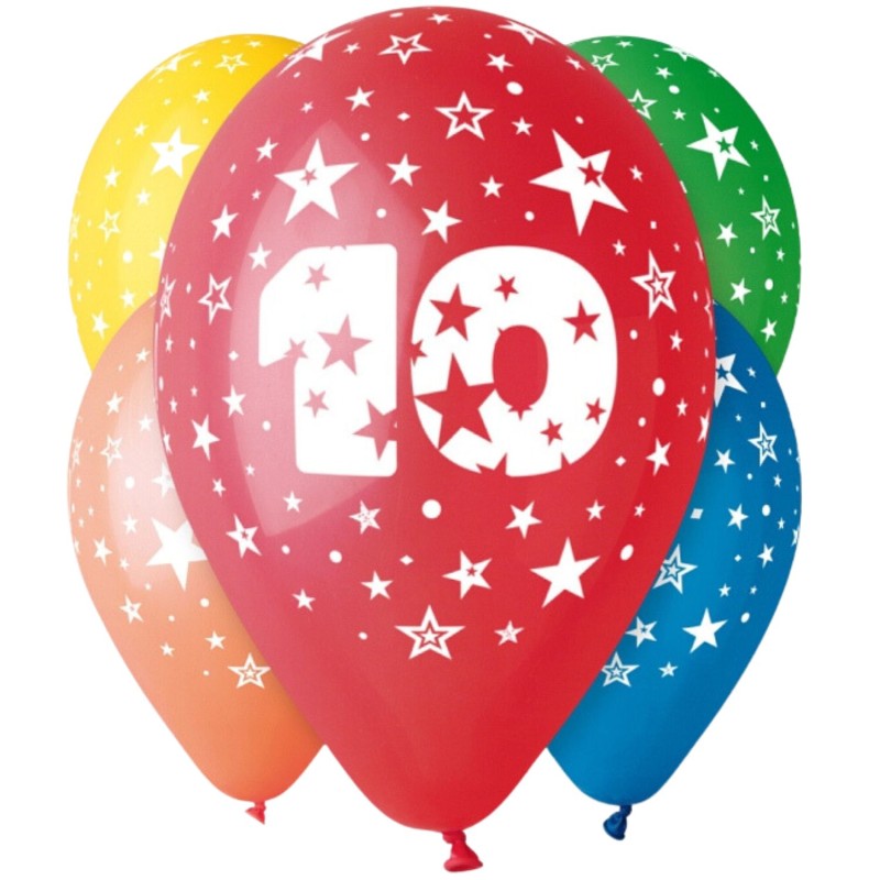 Lateksowe kolorowe balony urodzinowe cyfra 10 , 12" - 30 cm.  5 szt.