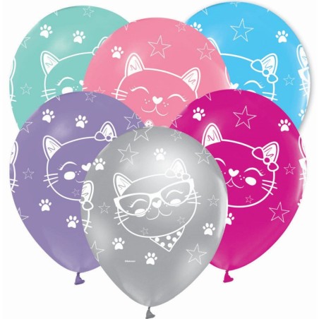 Lateksowe kolorowe balony z kotem, 12" - 30 cm.  5 szt.
