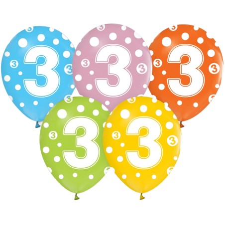 Lateksowe kolorowe balony urodzinowe cyfra 3 , 12" - 30 cm.  5 szt.
