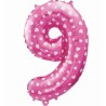 Balon foliowy różowy w białe serca Cyfra 9, 24" - 61 cm / 1 szt