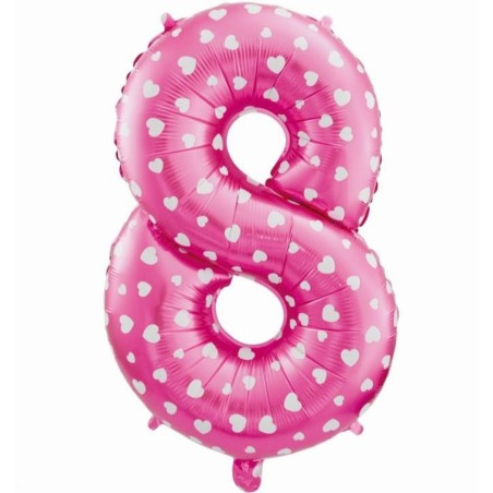Balon foliowy różowy w białe serca Cyfra 8, 24" - 61 cm / 1 szt