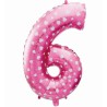 Balon foliowy różowy w białe serca Cyfra 6, 24" - 61 cm / 1 szt