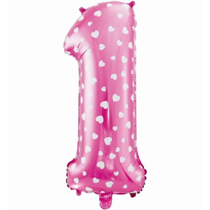 Balon foliowy różowy w białe serca Cyfra 1, 24" - 61 cm / 1 szt