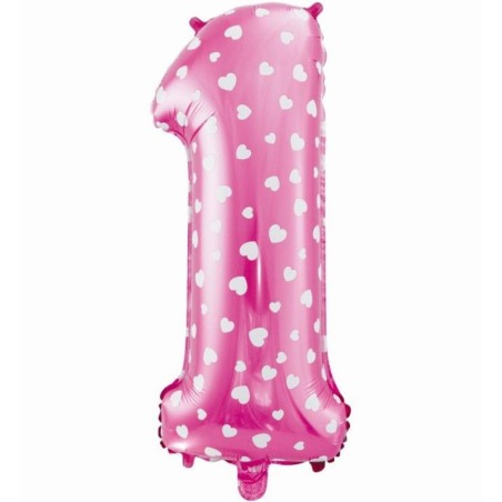 Balon foliowy różowy w białe serca Cyfra 1, 24" - 61 cm / 1 szt