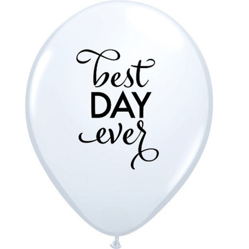 Lateksowe białe balony z nadrukiem Best day ever, 11" - 28 cm. 25 szt.